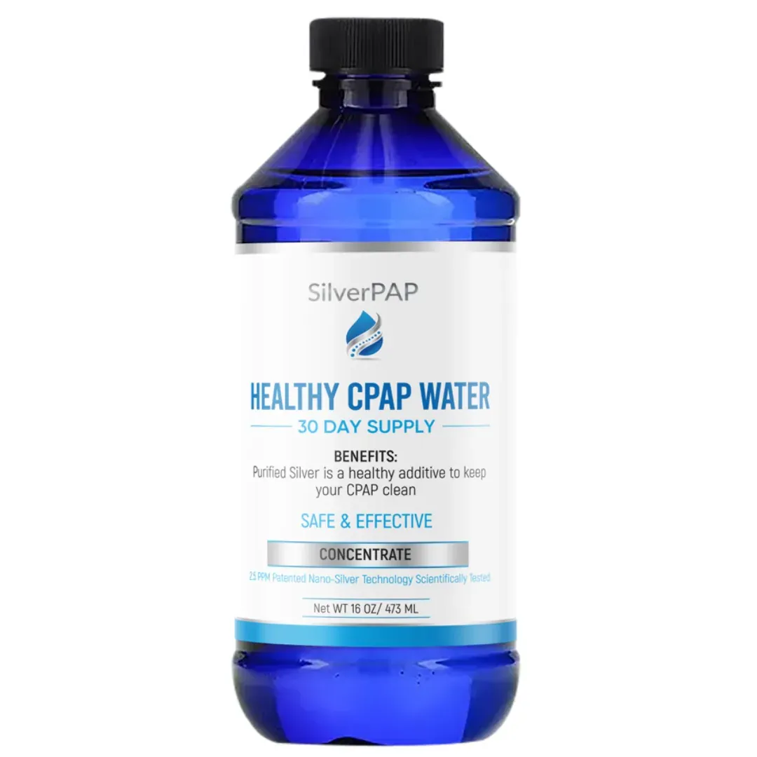 Wider SilverPAP concentrate bottle whose label reads Purified Silver is a healthy additive for your CPAP