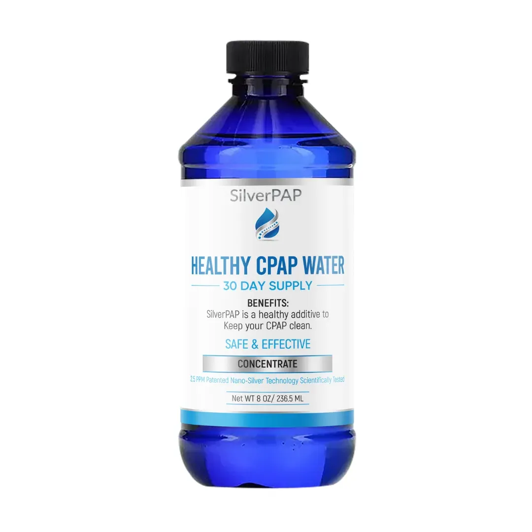SilverPAP concentrate bottle photographed square on, labelled a healthy additive to keep your CPAP clean