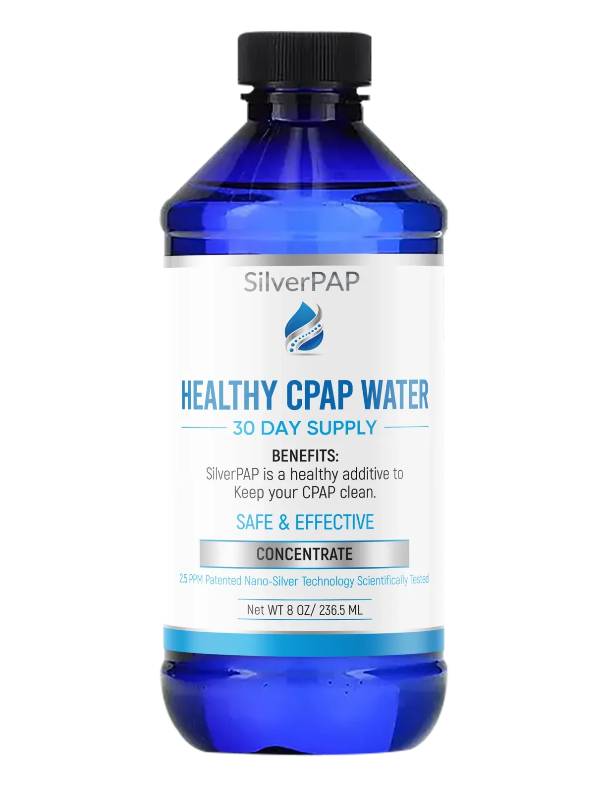 Cobalt blue SilverPAP bottle standing upright, its Healthy CPAP Water label filling the front of the bottle