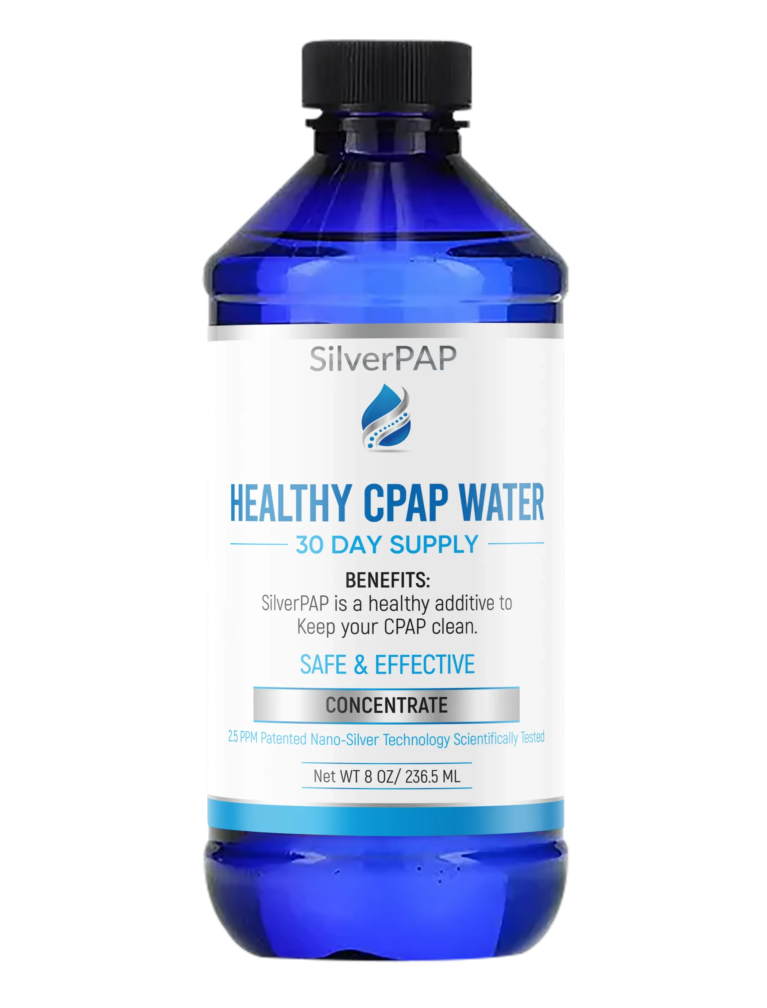 Blue SilverPAP bottle with its Healthy CPAP Water label facing forward, marked 30 day supply concentrate