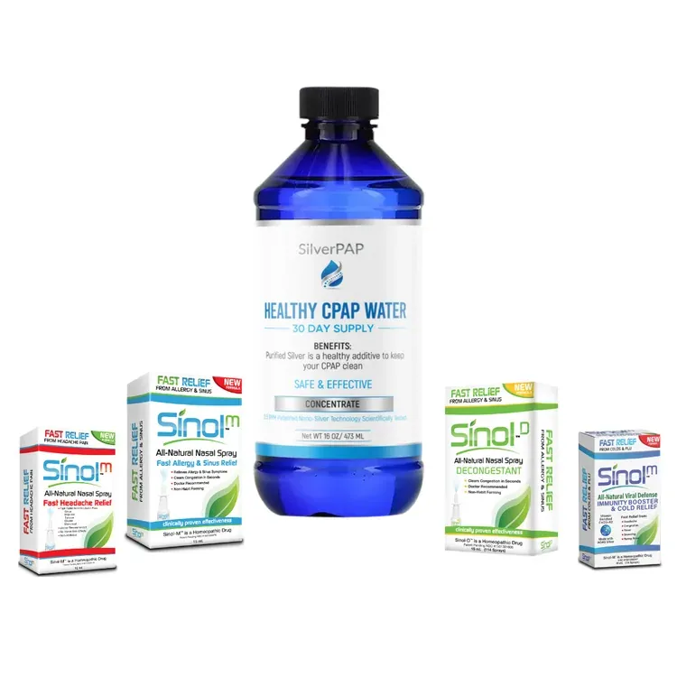 SilverPAP bottle standing among four cartons of Sinol nasal sprays from parent company Sinol USA